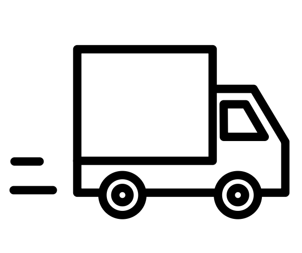 A simple black line icon of a delivery truck with two motion lines on the left, shown on a plain white background.