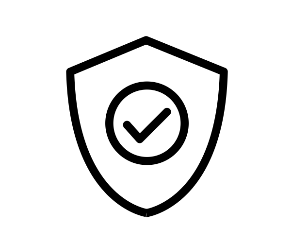 A black outline icon of a shield with a checkmark inside, centered on a plain white background.