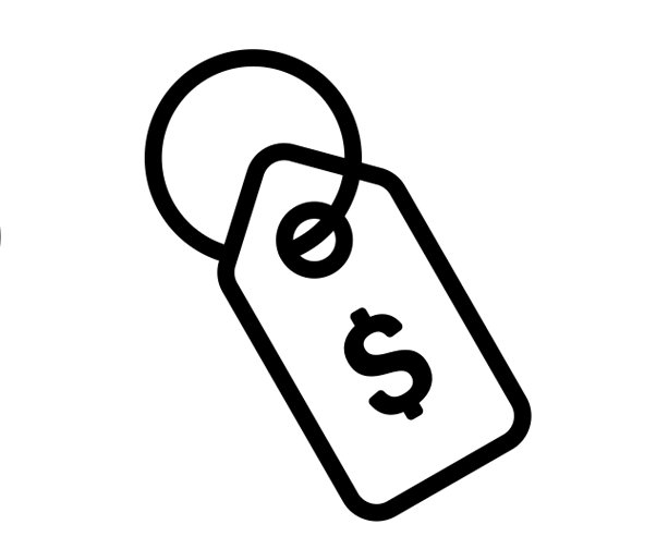 A simple black line icon of a price tag with a dollar sign, shown on a plain white background.